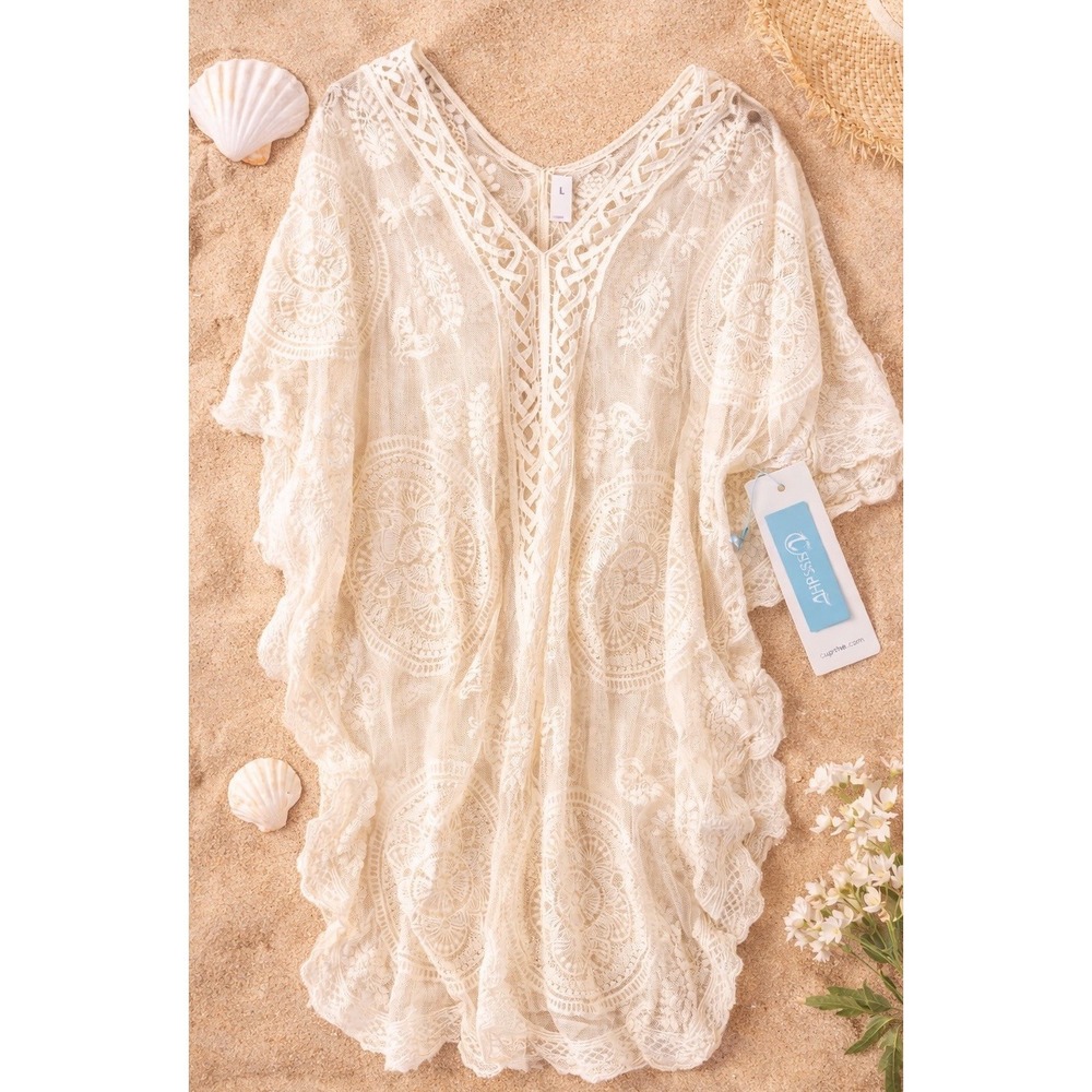 Lace Swim Cover Up L  Sheer Romantic Boho Bride Beach Dress Quiet Luxury NWT